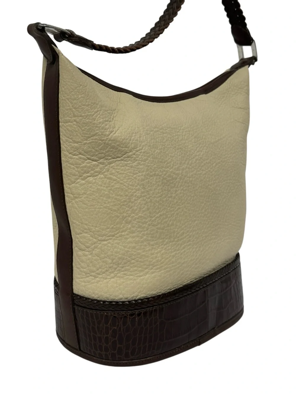 Vintage 1996 Brighton Beige Croc Leather Bucket Crossbody Purse w/Braided Strap